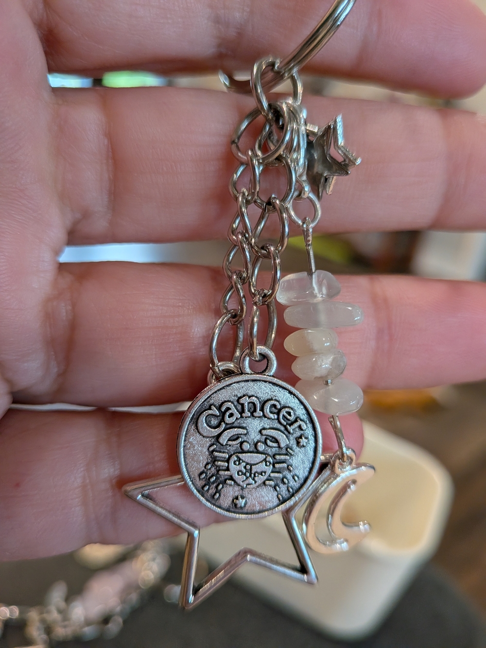 Cancer Zodiac Charm Keychain in Silver with Moon Accent